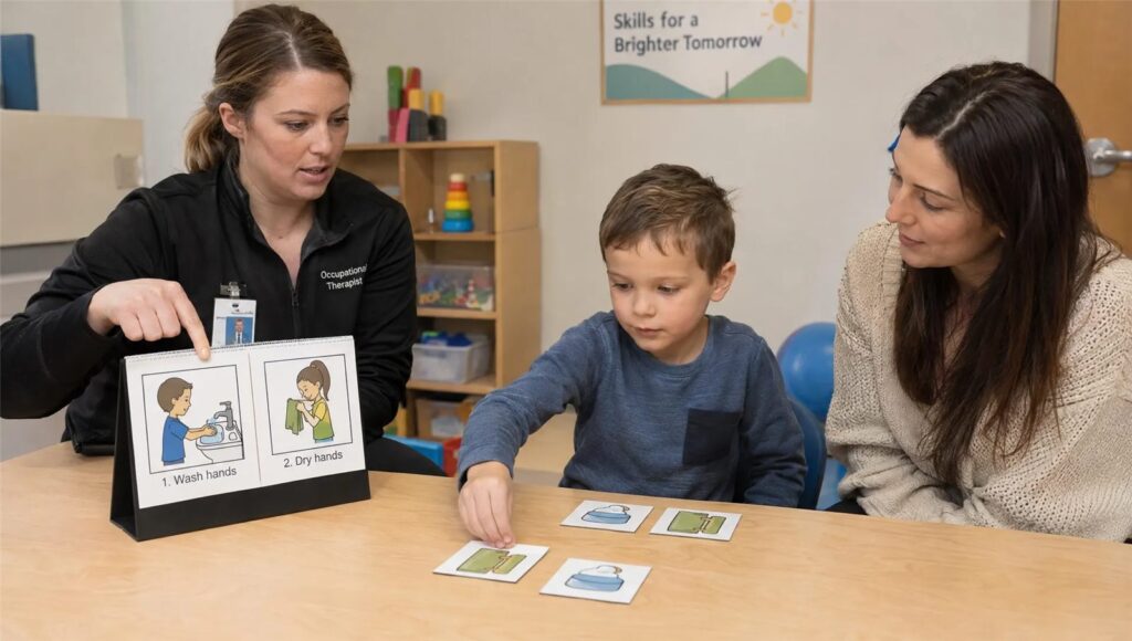 Occupational therapist using a picture schedule to help a child focus on a hand-washing routine