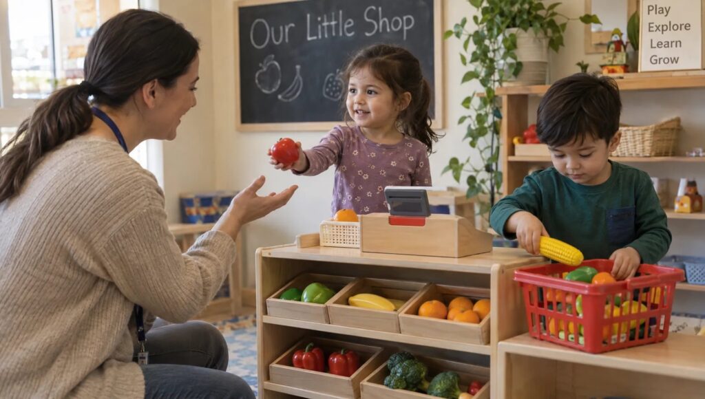 Therapist engaging young children in pretend shop play to build communication skills