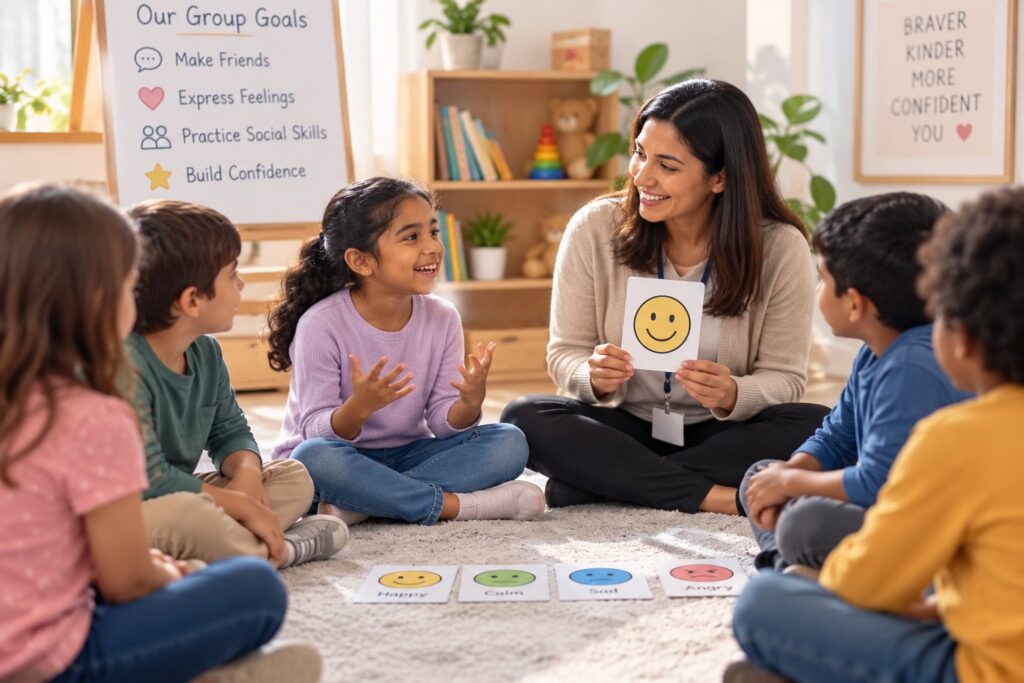 Therapist using emotion cards with a group of children to help them recognize and express feelings