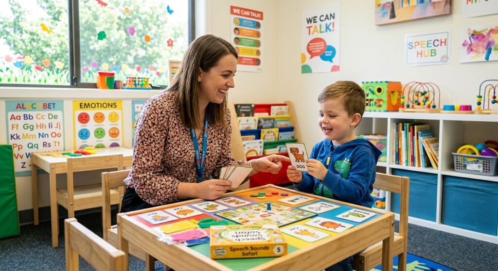 Speech therapist practising speech sounds with a child using picture cards during a therapy session