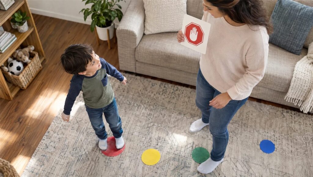 Parent playing a stop-and-go movement game with a child to improve attention and concentration at home