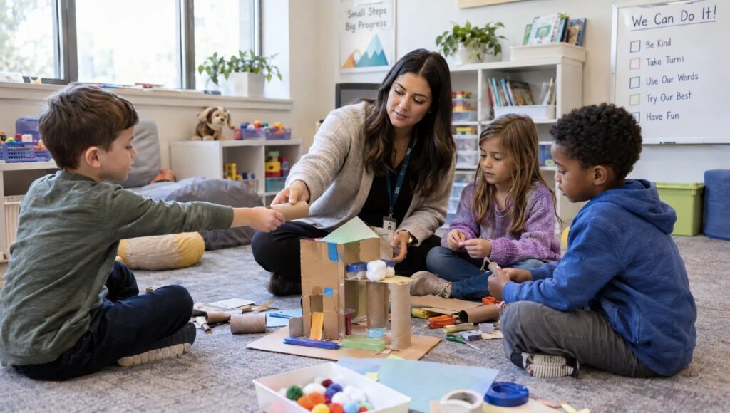 Therapist guiding children through a cooperative building activity to practice sharing ideas and materials